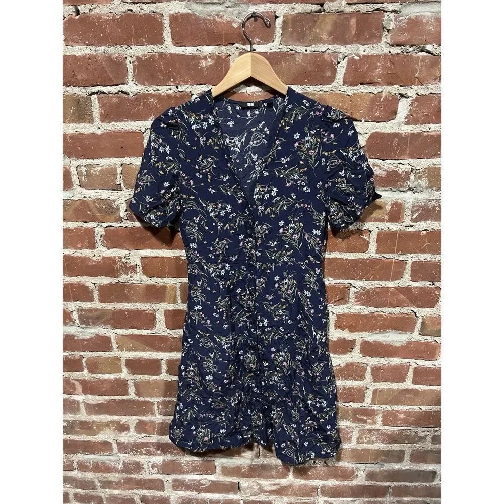 Uniqlo Womens Blue Short Sleeve Button Up Floral Pattern Shirt Dress Size XS